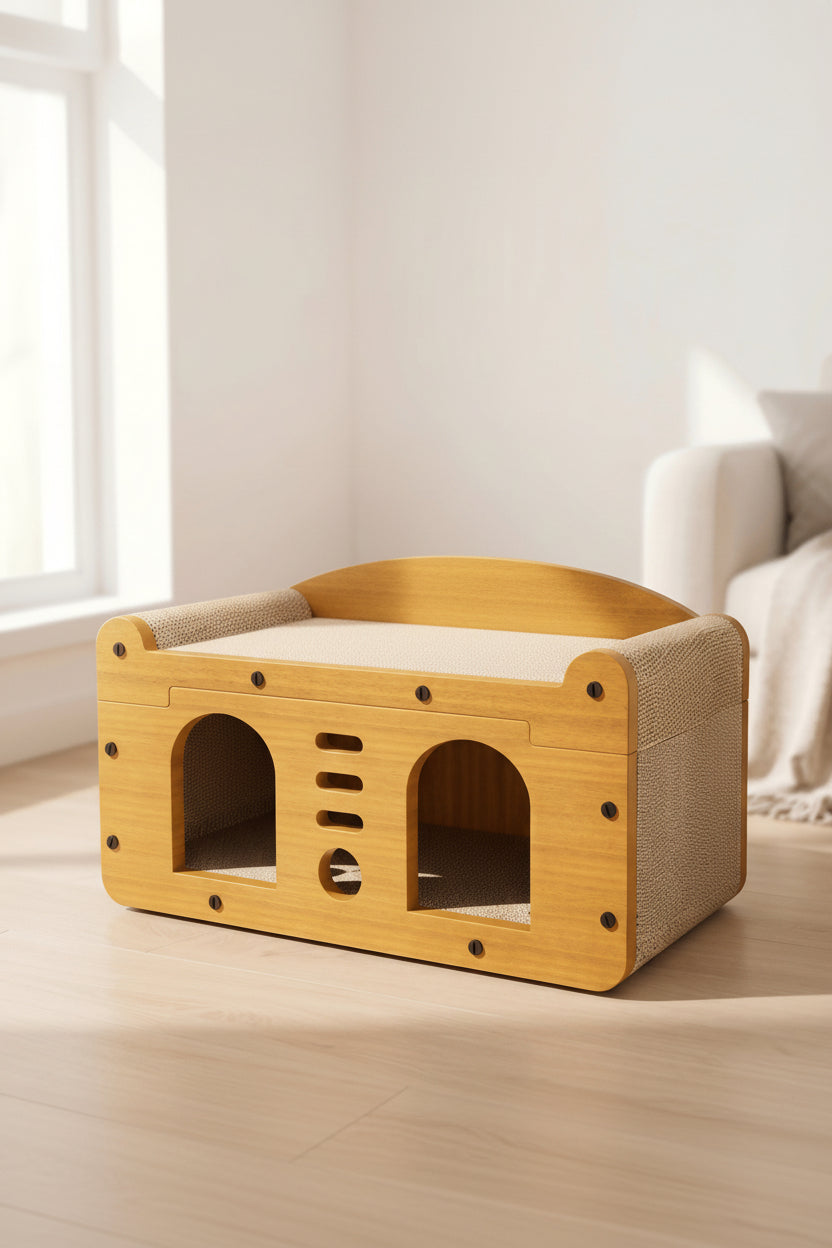Two-tier cat scratcher house with upper cardboard perch and lower hideaway