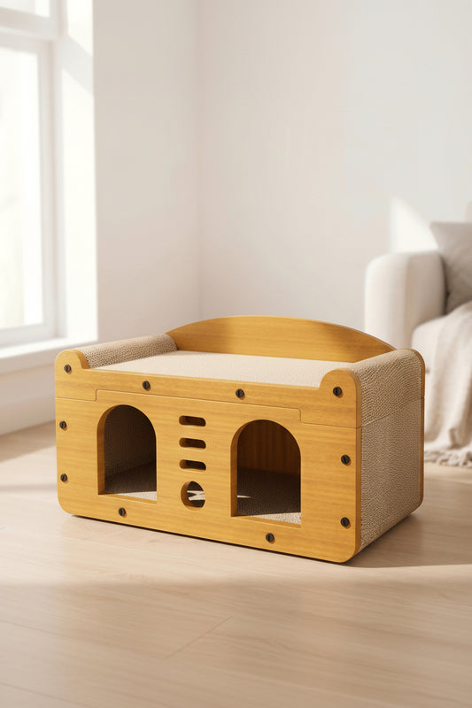 Two-tier cat scratcher house with upper cardboard perch and lower hideaway
