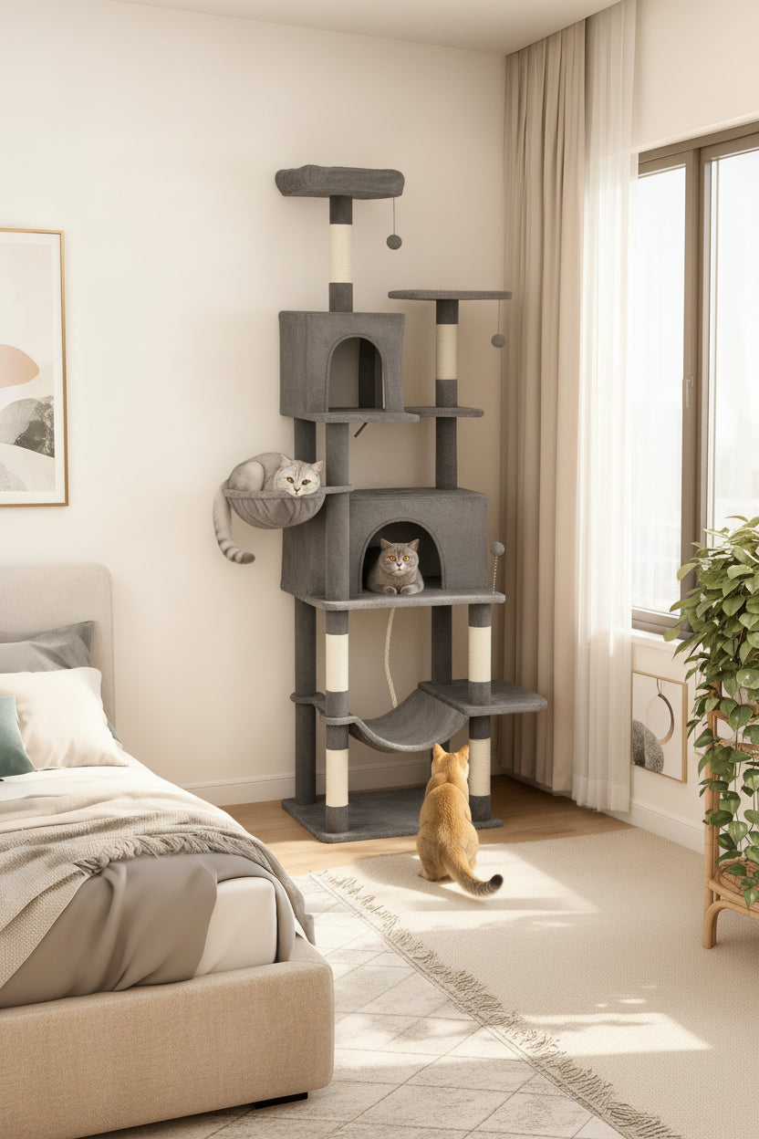 Large dark gray cat tower designed for two to three cats