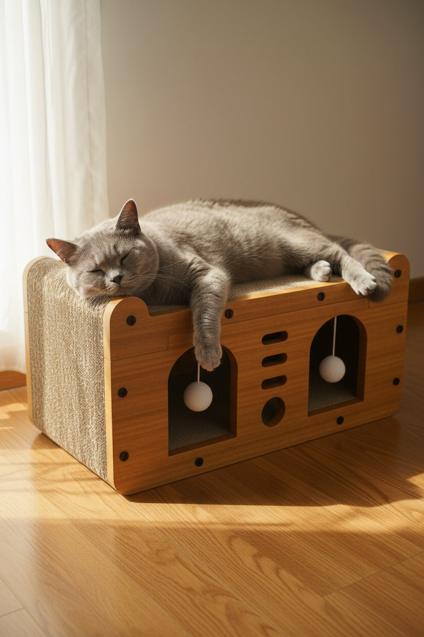Compact two-level cat furniture with scratcher, cave and hanging toys