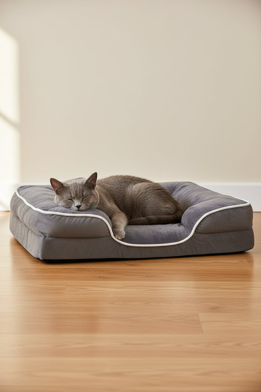 Dog resting on an orthopedic bolster bed with plush sleep surface