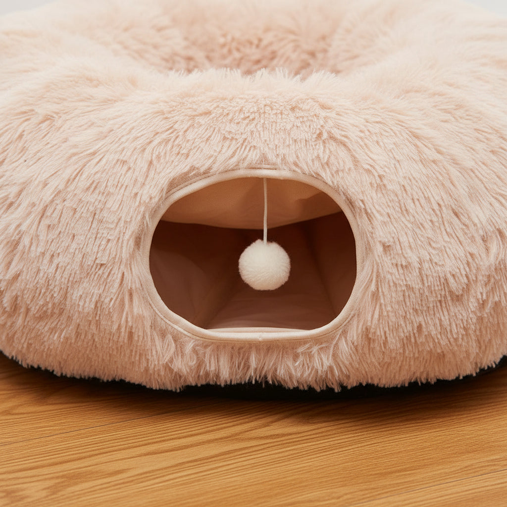 Large round plush cat bed with enclosed tunnel and center nest