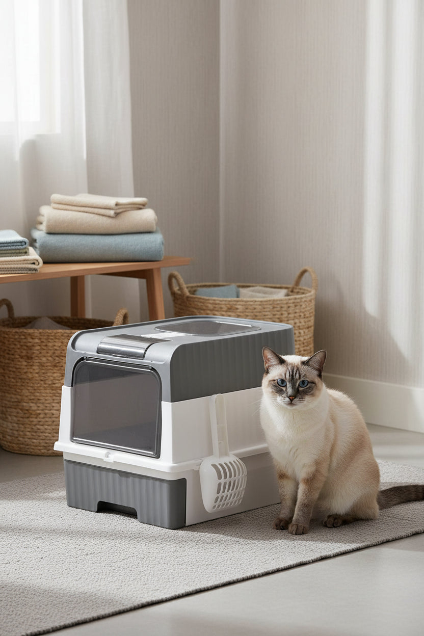 Covered cat litter box with scoop and side storage holder