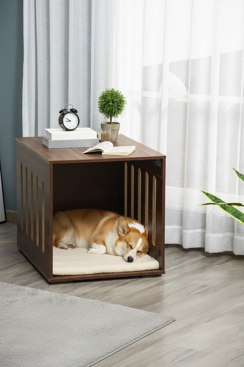 Wooden dog crate furniture with oak finish, removable door and cushion