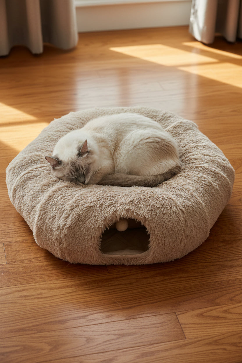 Cat resting area with integrated tunnel for hiding and play