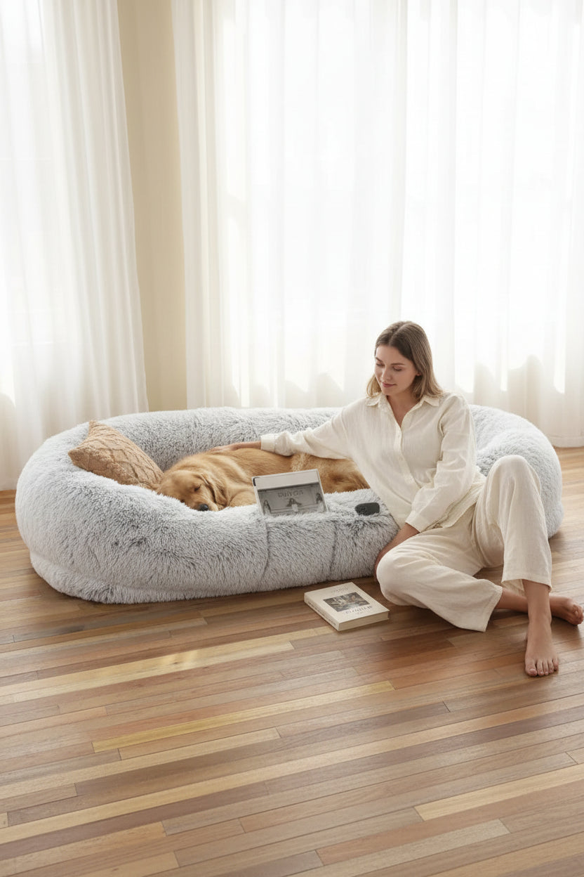 Large dog stretched out on a roomy orthopedic pet bed