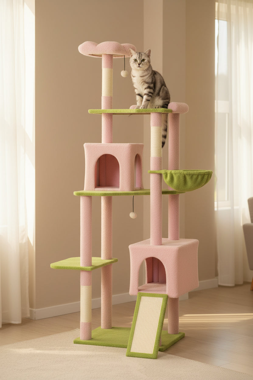 Large cat tree with enclosed sleeping spaces and round hammock