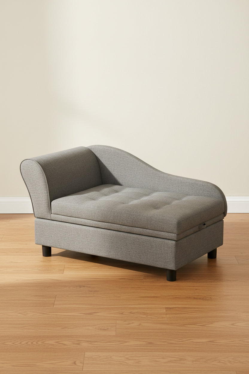 Gray faux-linen pet sofa bed with hidden under-seat storage