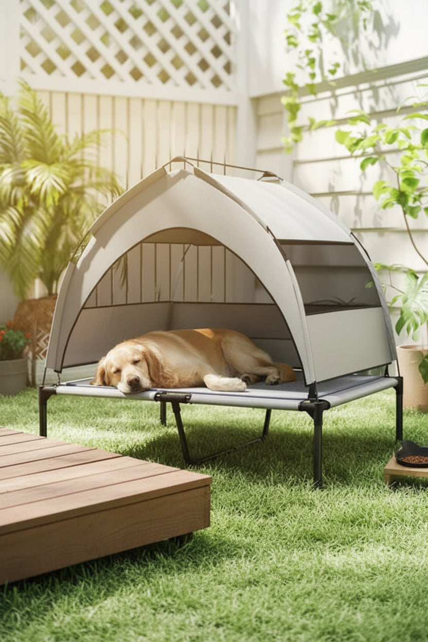 Medium-to-large dog resting on an elevated shaded outdoor cot