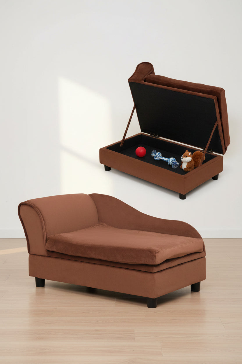 Furniture-style pet chaise showing cushioned seat and arched bolster