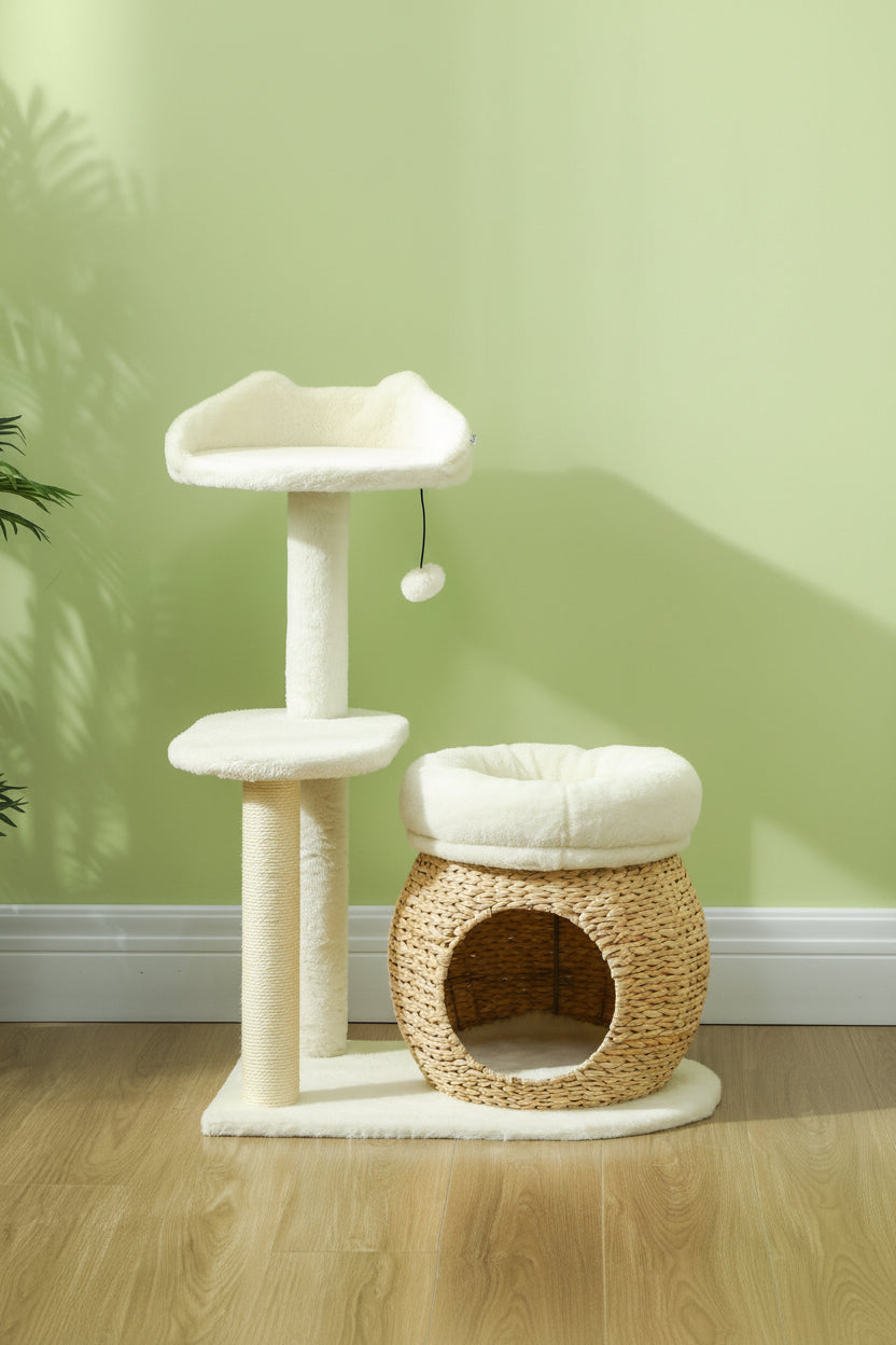 Natural cat tree with sisal posts, round perch and woven hideaway