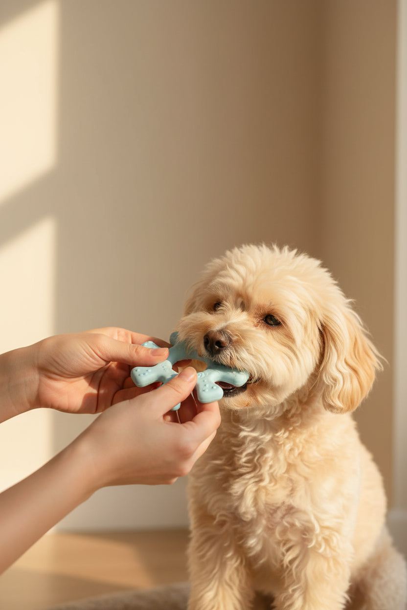 Flexible six-point dog chew toy designed for interactive tug play