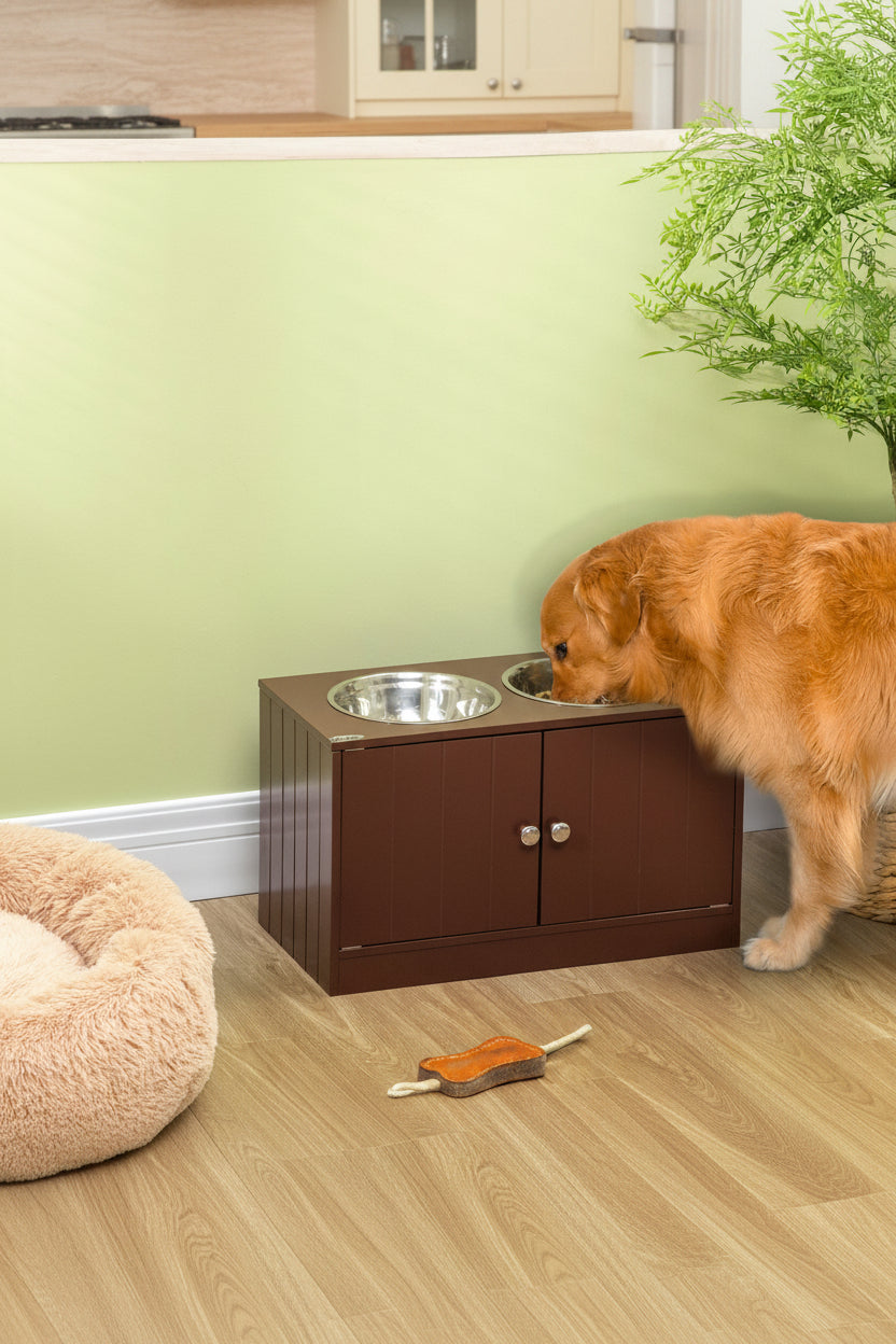 Large-dog feeding station showing storage space and removable bowls