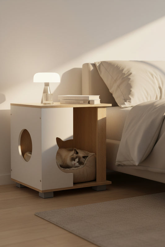 Natural oak and white wooden cat house nightstand with geometric entrance