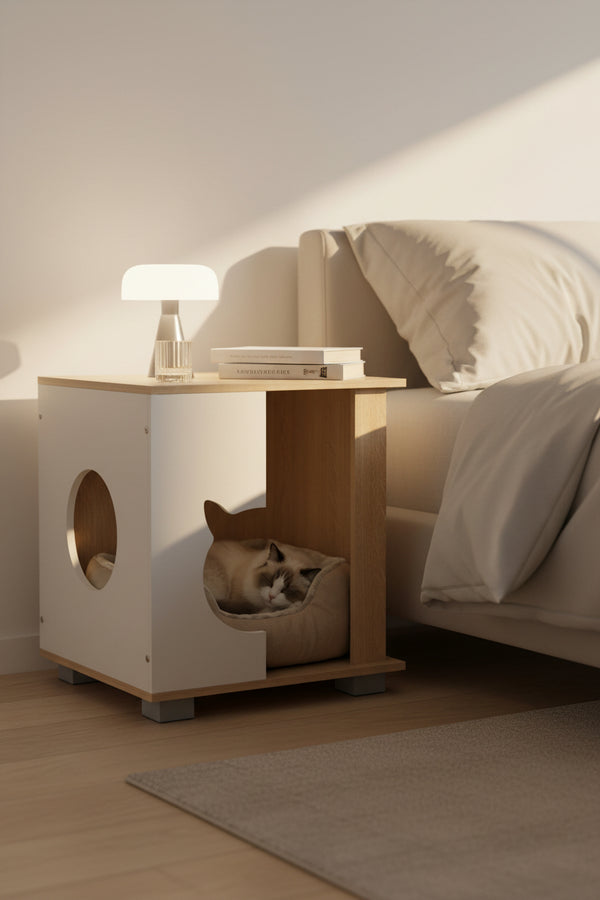 Wooden Cat House Nightstand | Natural Oak & White Side Table