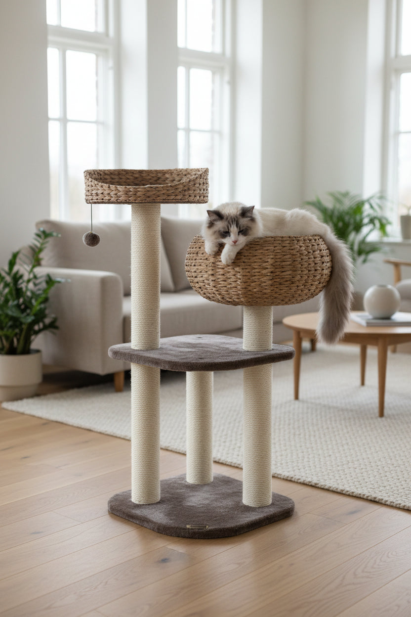 Multi-level woven cat tree with two basket perches and washable cushions