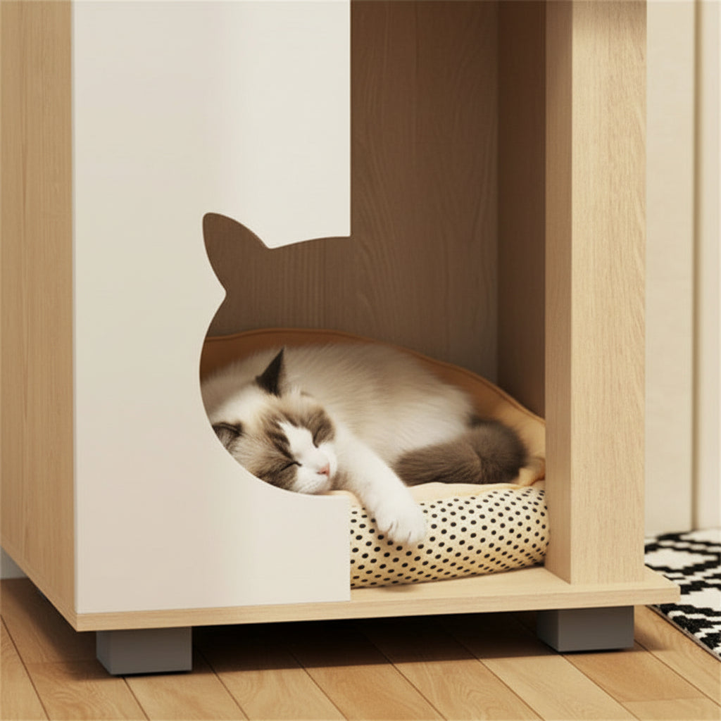 Wooden cat house nightstand shown beside a bed with tabletop decor