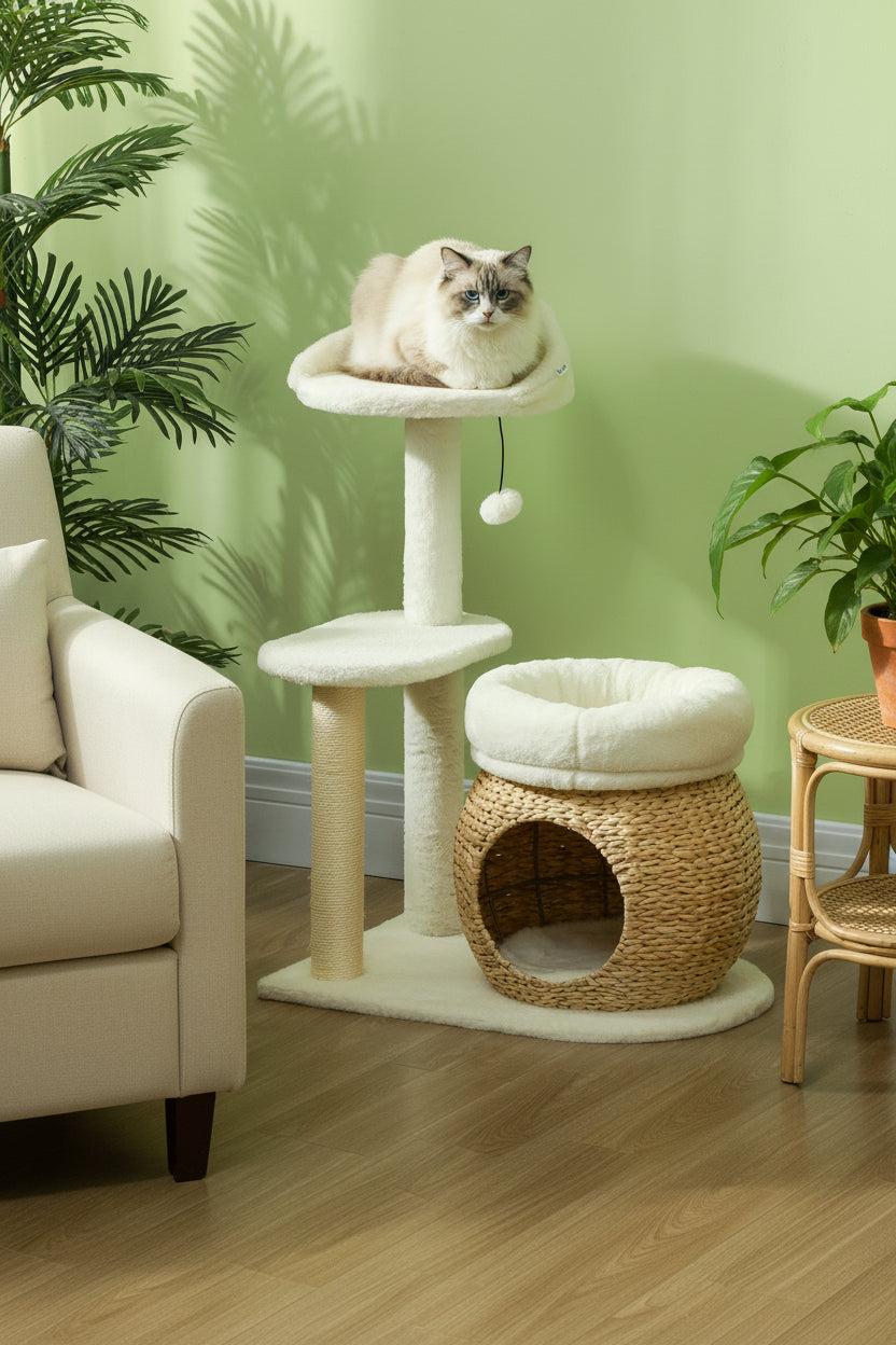 Furniture-style cat tree with washable cushions and sisal scratching posts