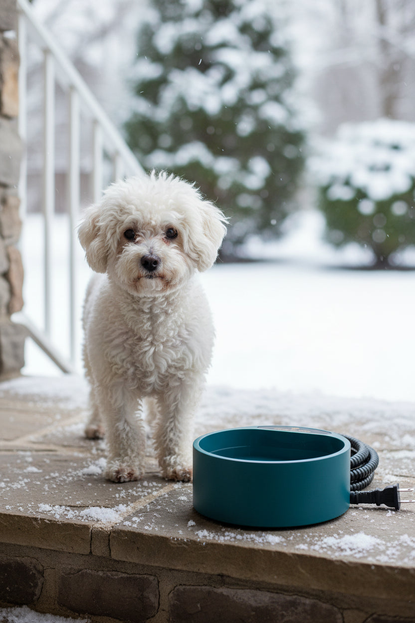 Waterproof heated dog and cat bowl for cold-weather outdoor use