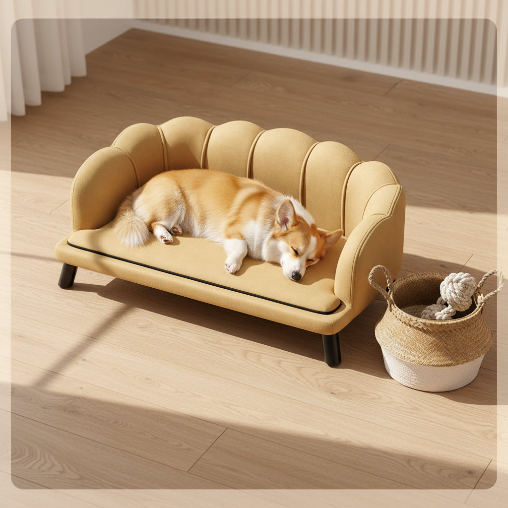 Furniture-style velvet pet sofa sized for medium dogs