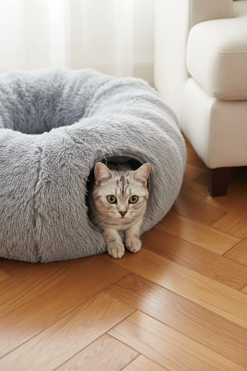 Plush cat donut tunnel bed in a neutral indoor setting