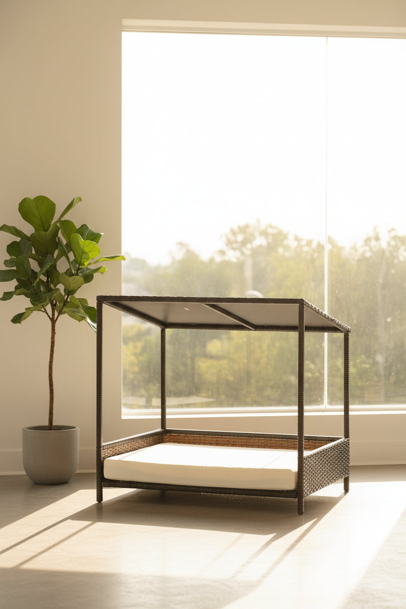 Weather-resistant dog bed with sloped canopy and raised frame