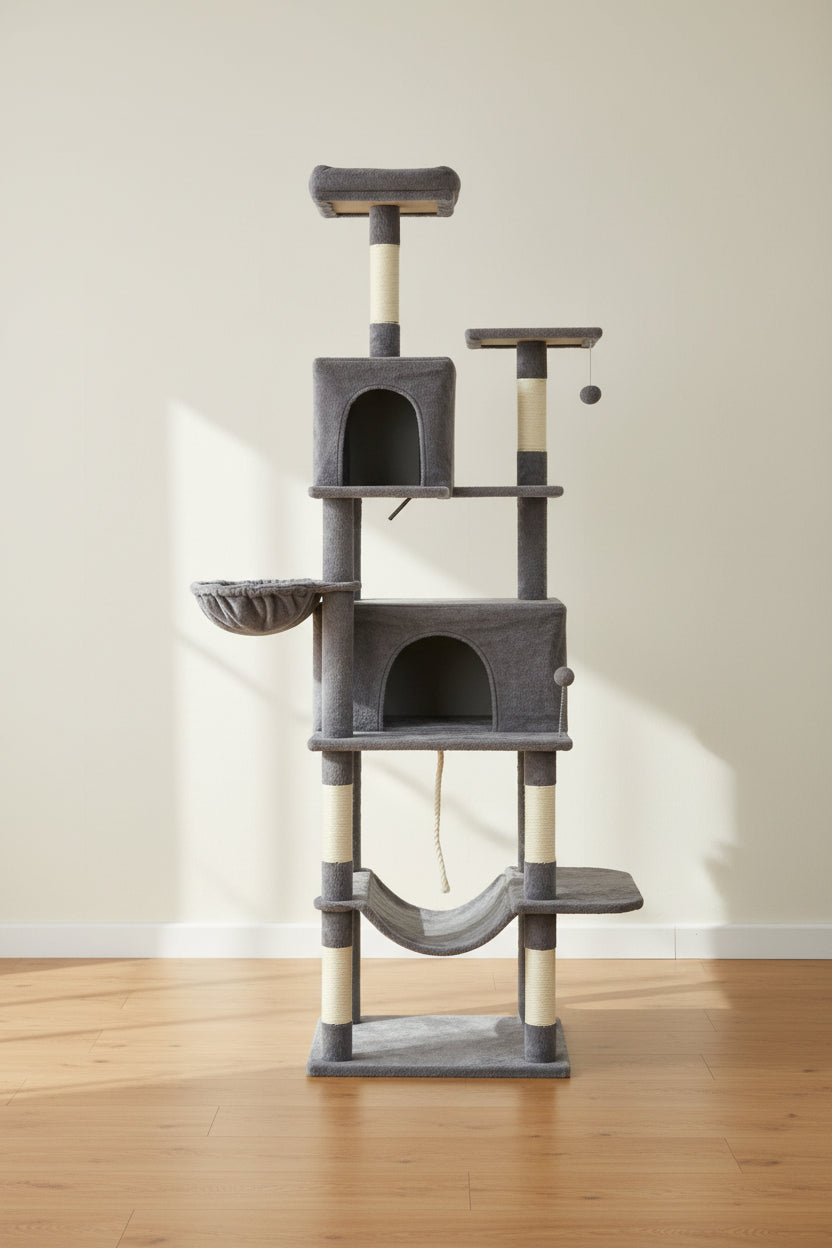 Dark gray eighty-inch cat tower with condos, hammocks and sisal posts