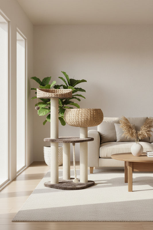 Woven cat activity tower with natural water hyacinth baskets and sisal posts