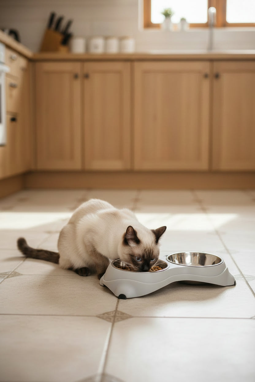 Compact dual pet feeding station with easy-clean gray base