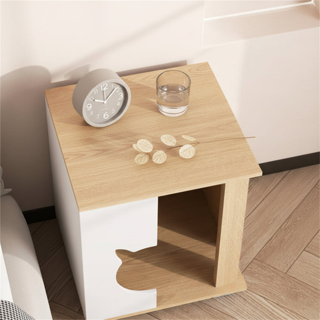 Furniture-style cat hideaway side table with open side access